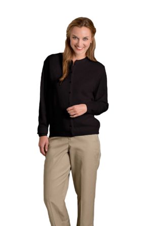 Women's Fine-Gauge Crewneck Cardigan, Button Front - Black