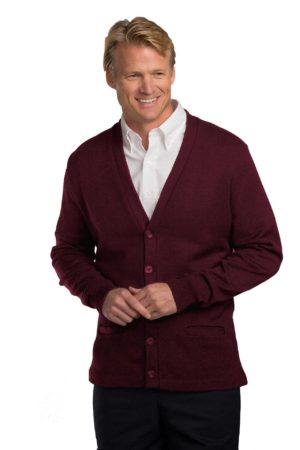 Unisex Jersey Knit 5-Button V-Neck Pocket Cardigan - Wine